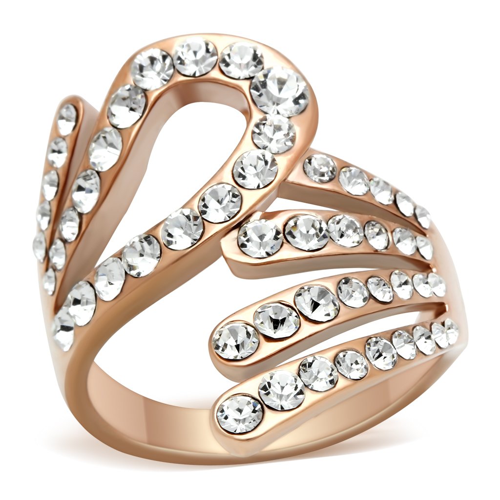 GL149 IP Rose Gold Brass Ring featuring a clear top grade crystal centerpiece, showcasing elegance and durability.