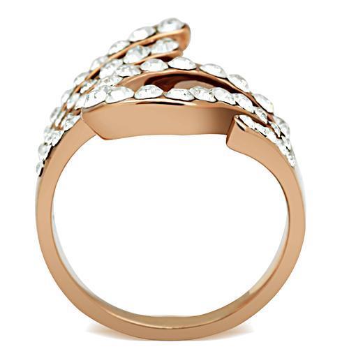 GL149 IP Rose Gold Brass Ring featuring a clear top grade crystal centerpiece, showcasing elegance and durability.