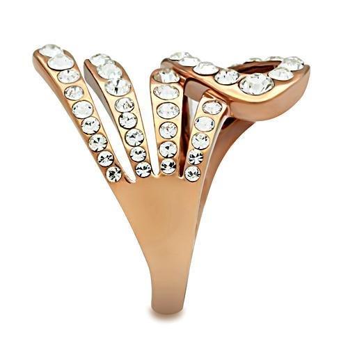 GL149 IP Rose Gold Brass Ring featuring a clear top grade crystal centerpiece, showcasing elegance and durability.