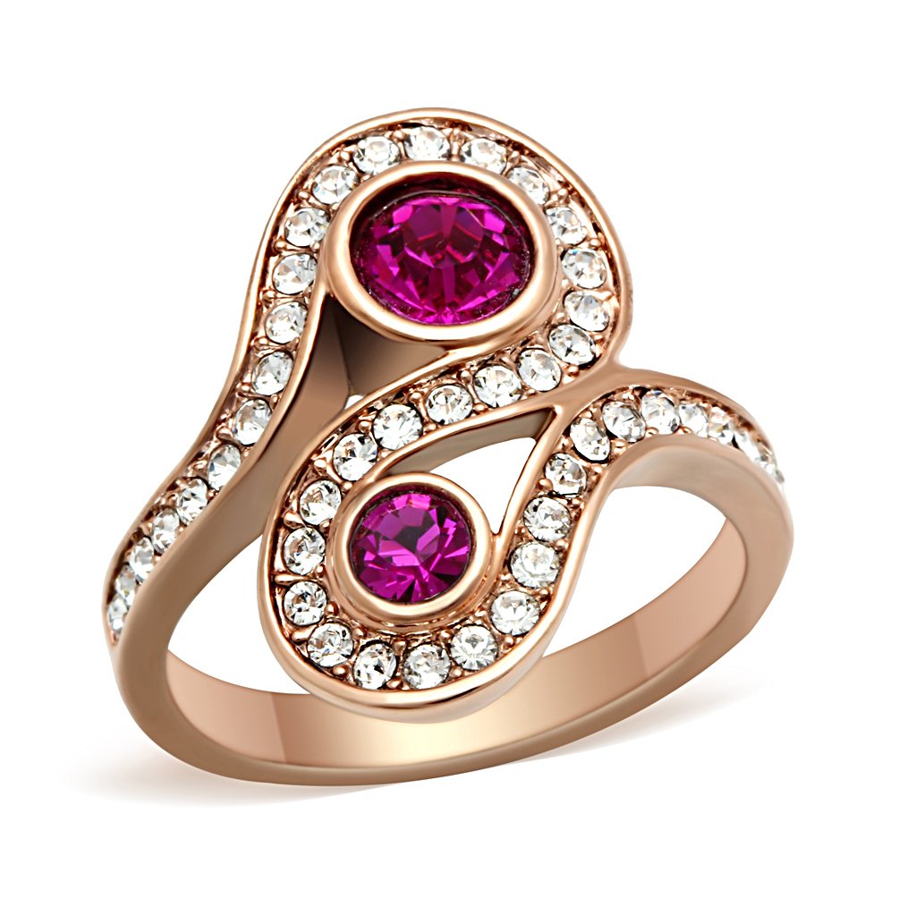 GL153 IP Rose Gold Brass Ring featuring a vibrant fuchsia top-grade crystal, elegantly designed for any occasion.