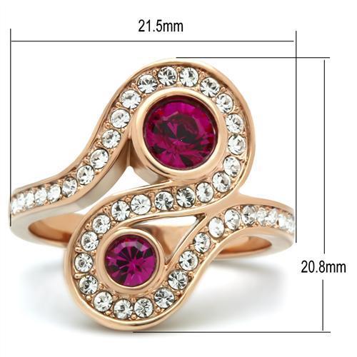 GL153 IP Rose Gold Brass Ring featuring a vibrant fuchsia top-grade crystal, elegantly designed for any occasion.