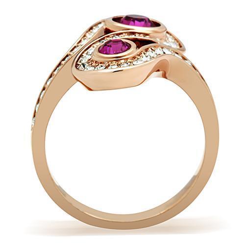 GL153 IP Rose Gold Brass Ring featuring a vibrant fuchsia top-grade crystal, elegantly designed for any occasion.