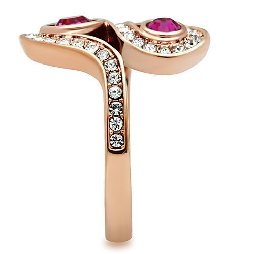 GL153 IP Rose Gold Brass Ring featuring a vibrant fuchsia top-grade crystal, elegantly designed for any occasion.