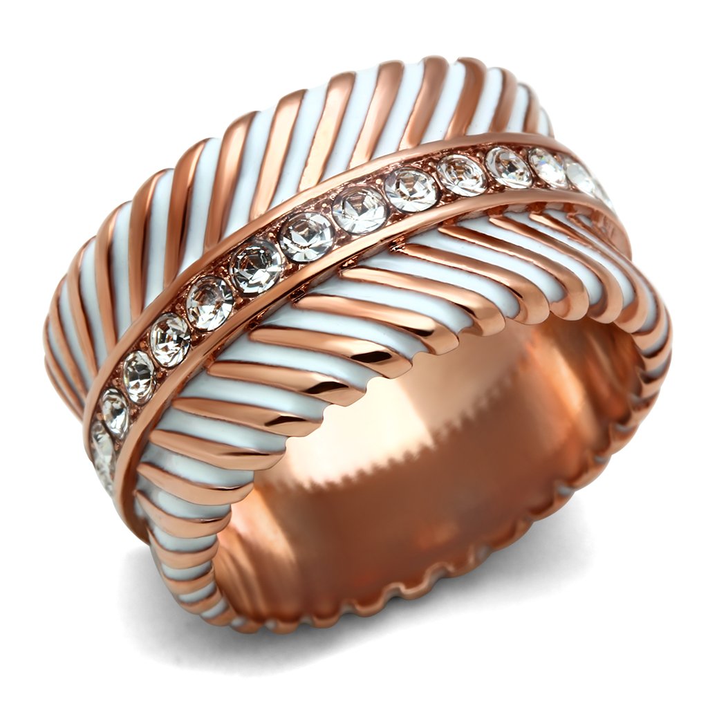 GL202 IP Rose Gold Brass Ring featuring a clear top grade crystal, elegantly designed for stylish wear.