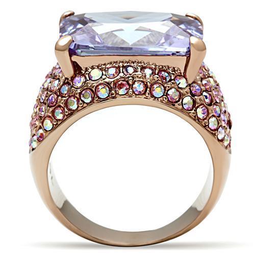 GL230 IP Rose Gold Brass Ring featuring AAA Grade CZ in light amethyst color, showcasing its elegant design and craftsmanship.