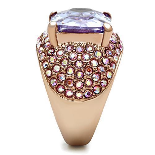 GL230 IP Rose Gold Brass Ring featuring AAA Grade CZ in light amethyst color, showcasing its elegant design and craftsmanship.