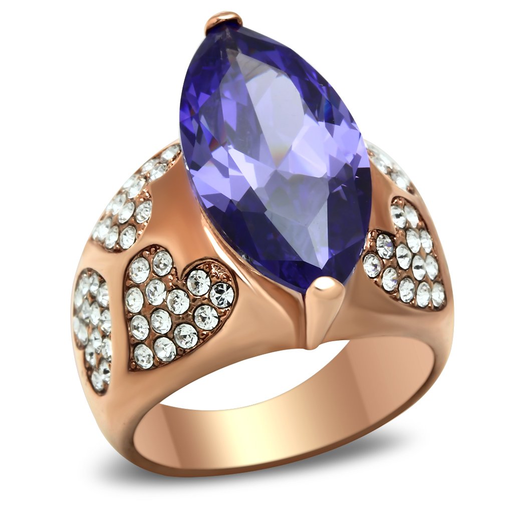 GL241 IP Rose Gold Brass Ring featuring AAA Grade CZ center stone in tanzanite color, showcasing elegant design and luxurious finish.