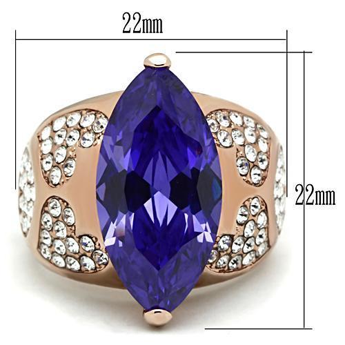 GL241 IP Rose Gold Brass Ring featuring AAA Grade CZ center stone in tanzanite color, showcasing elegant design and luxurious finish.