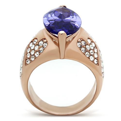 GL241 IP Rose Gold Brass Ring featuring AAA Grade CZ center stone in tanzanite color, showcasing elegant design and luxurious finish.