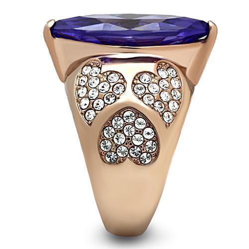 GL241 IP Rose Gold Brass Ring featuring AAA Grade CZ center stone in tanzanite color, showcasing elegant design and luxurious finish.