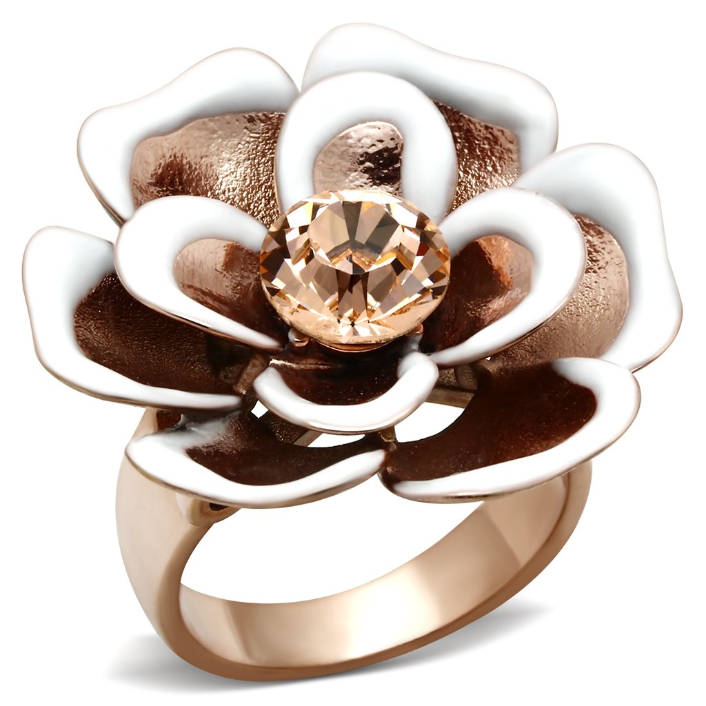 GL247 IP Rose Gold Brass Ring featuring a light peach top-grade crystal centerpiece, showcasing its elegant design and luxurious finish.