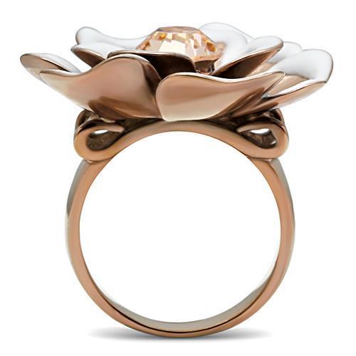 GL247 IP Rose Gold Brass Ring featuring a light peach top-grade crystal centerpiece, showcasing its elegant design and luxurious finish.