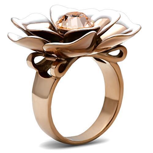 GL247 IP Rose Gold Brass Ring featuring a light peach top-grade crystal centerpiece, showcasing its elegant design and luxurious finish.