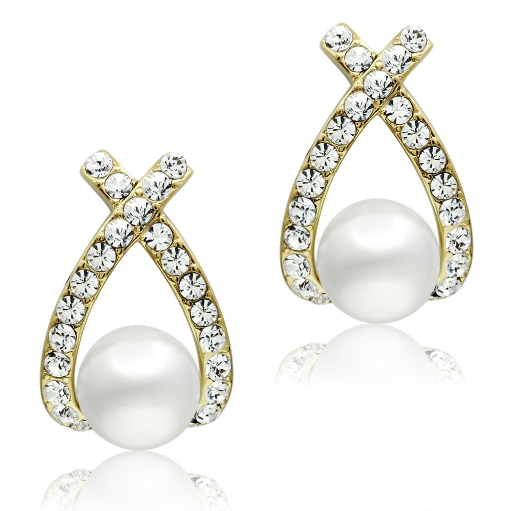 GL251 IP Gold Brass Earrings featuring a synthetic white pearl, elegantly designed for style and comfort.