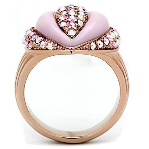 GL227 IP Rose Gold Brass Ring featuring a light rose top grade crystal centerpiece, showcasing elegance and durability.