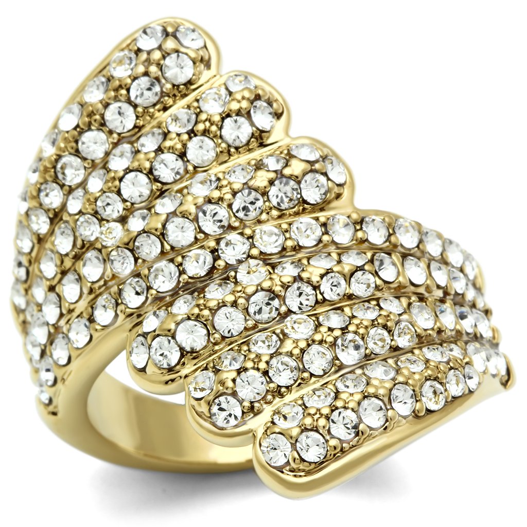 GL284 IP Gold Brass Ring featuring clear top-grade crystal, elegantly designed for any occasion.