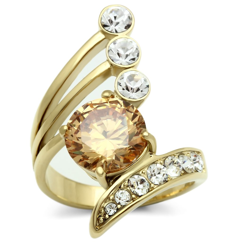 GL300 IP Gold Brass Ring featuring AAA Grade CZ in champagne color, showcasing elegance and quality.