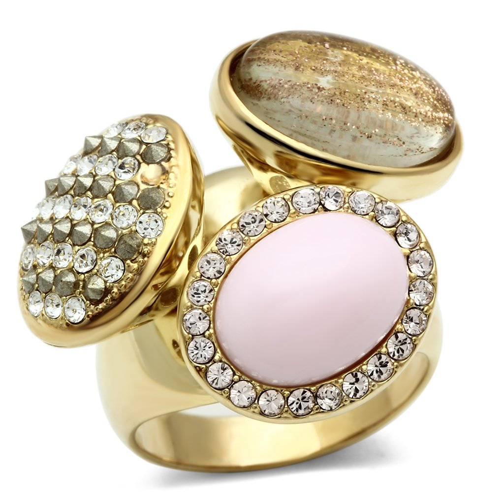 GL301 IP Gold Brass Ring featuring a multi-color top-grade crystal, elegantly designed for style and comfort.