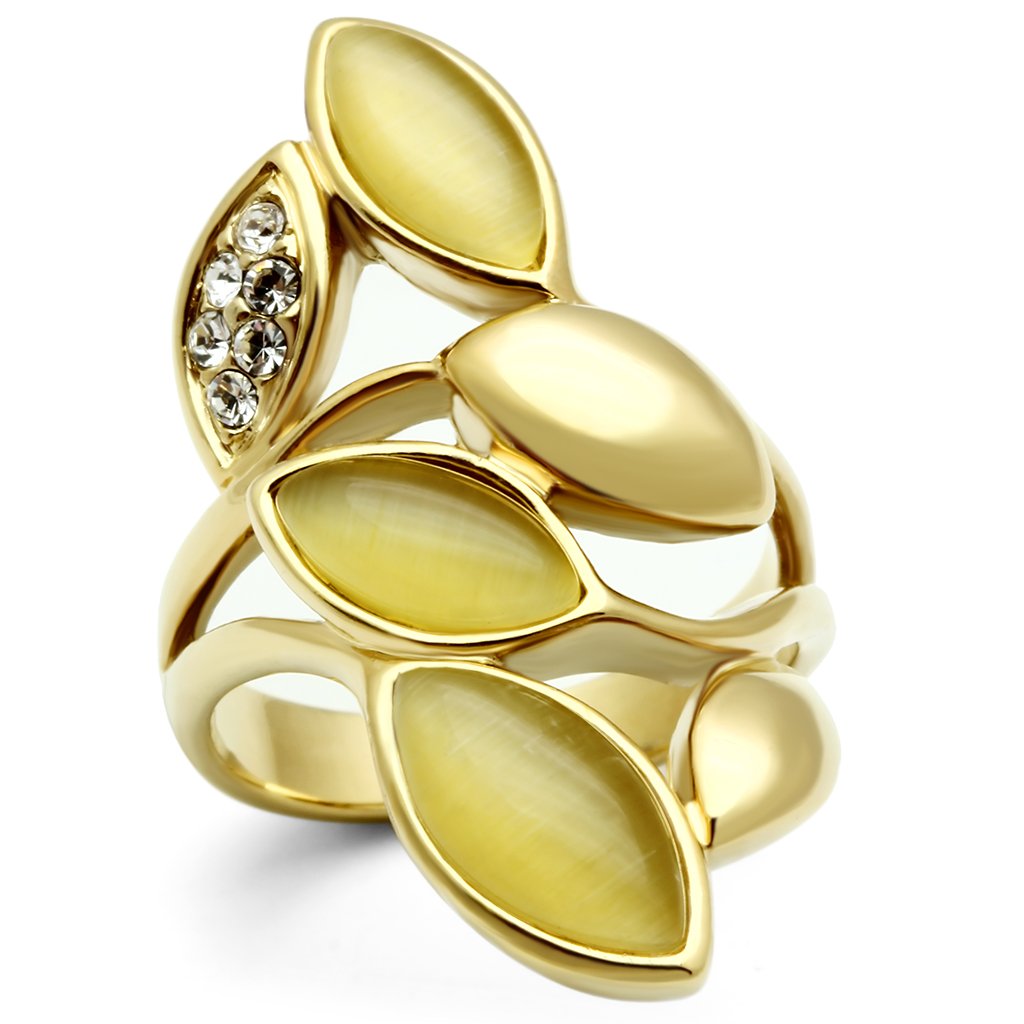 GL302 IP Gold Brass Ring featuring a synthetic Cat Eye stone in citrine yellow color, elegantly designed for any occasion.