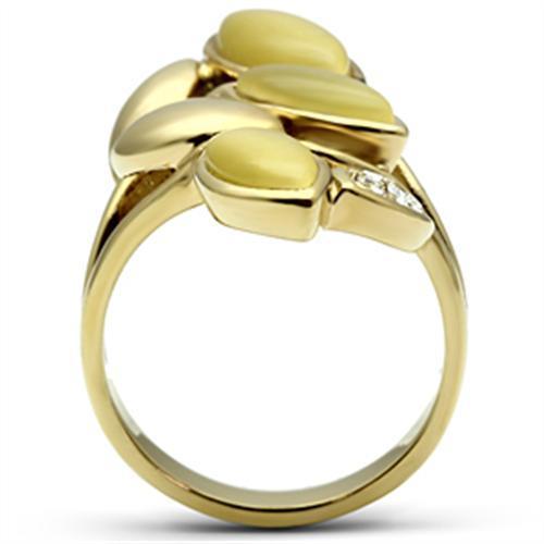 GL302 IP Gold Brass Ring featuring a synthetic Cat Eye stone in citrine yellow color, elegantly designed for any occasion.