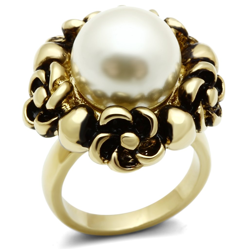 GL308 IP Gold Brass Ring featuring a synthetic white pearl, showcasing its elegant design and lustrous finish.