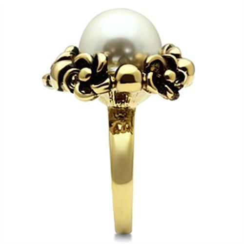 GL308 IP Gold Brass Ring featuring a synthetic white pearl, showcasing its elegant design and lustrous finish.