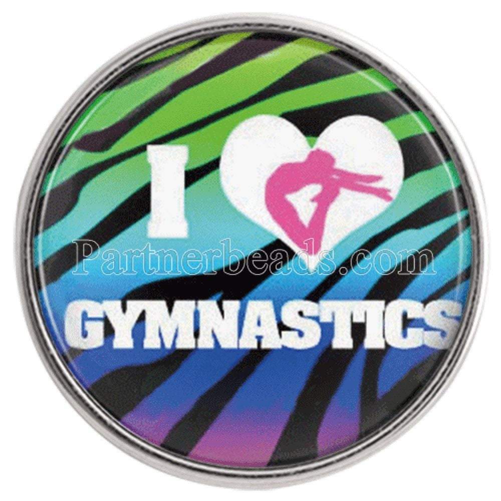 A vibrant 'I Love Gymnastics' glass domed snap, showcasing a colorful design perfect for interchangeable jewelry.