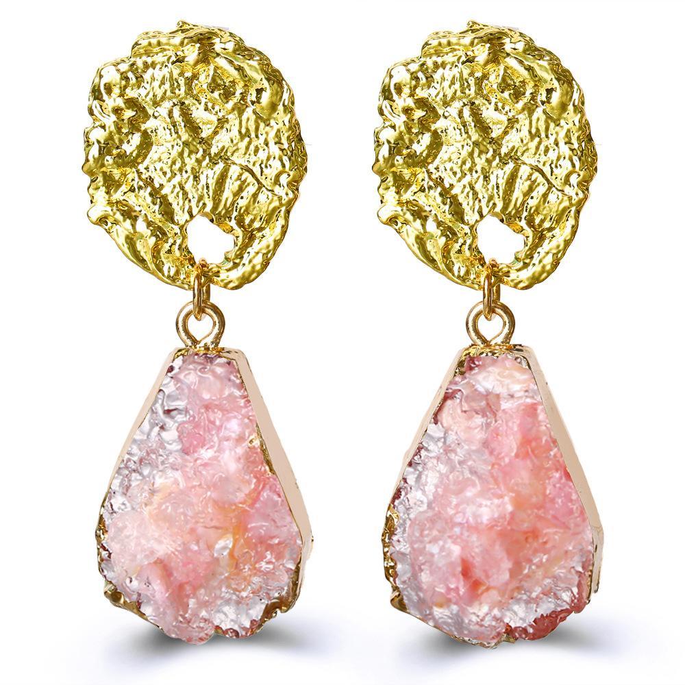 Elegant pink glass stone drop earrings with 18K gold plating, showcasing a luxurious design perfect for any occasion.