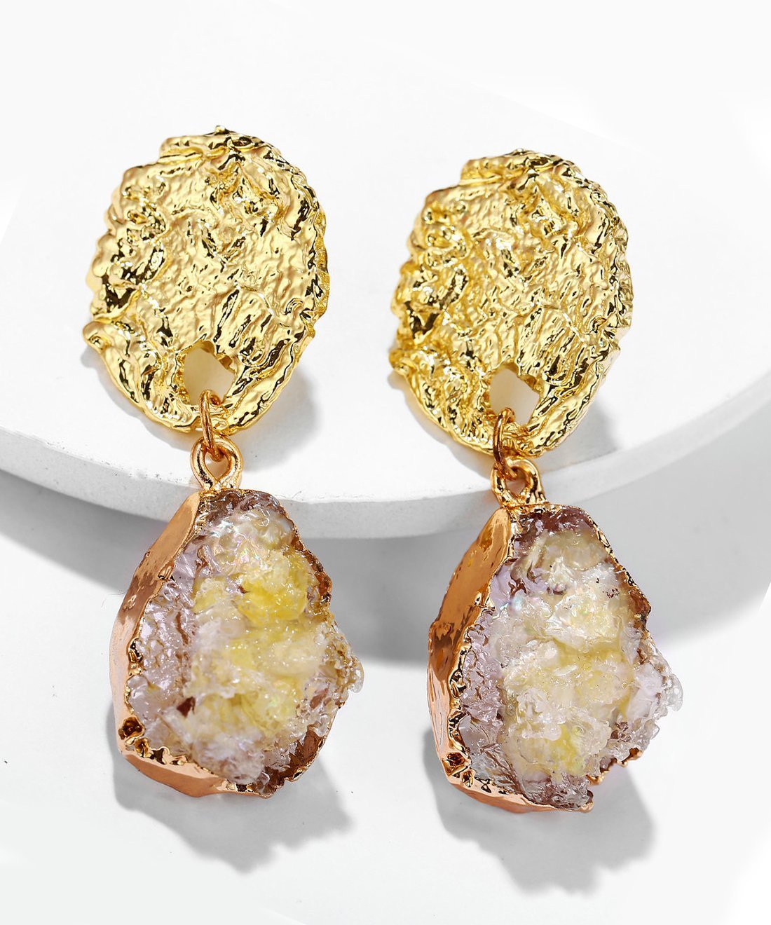 Elegant yellow glass stone drop earrings with 18K gold plating, showcasing Italian craftsmanship and hypoallergenic design.