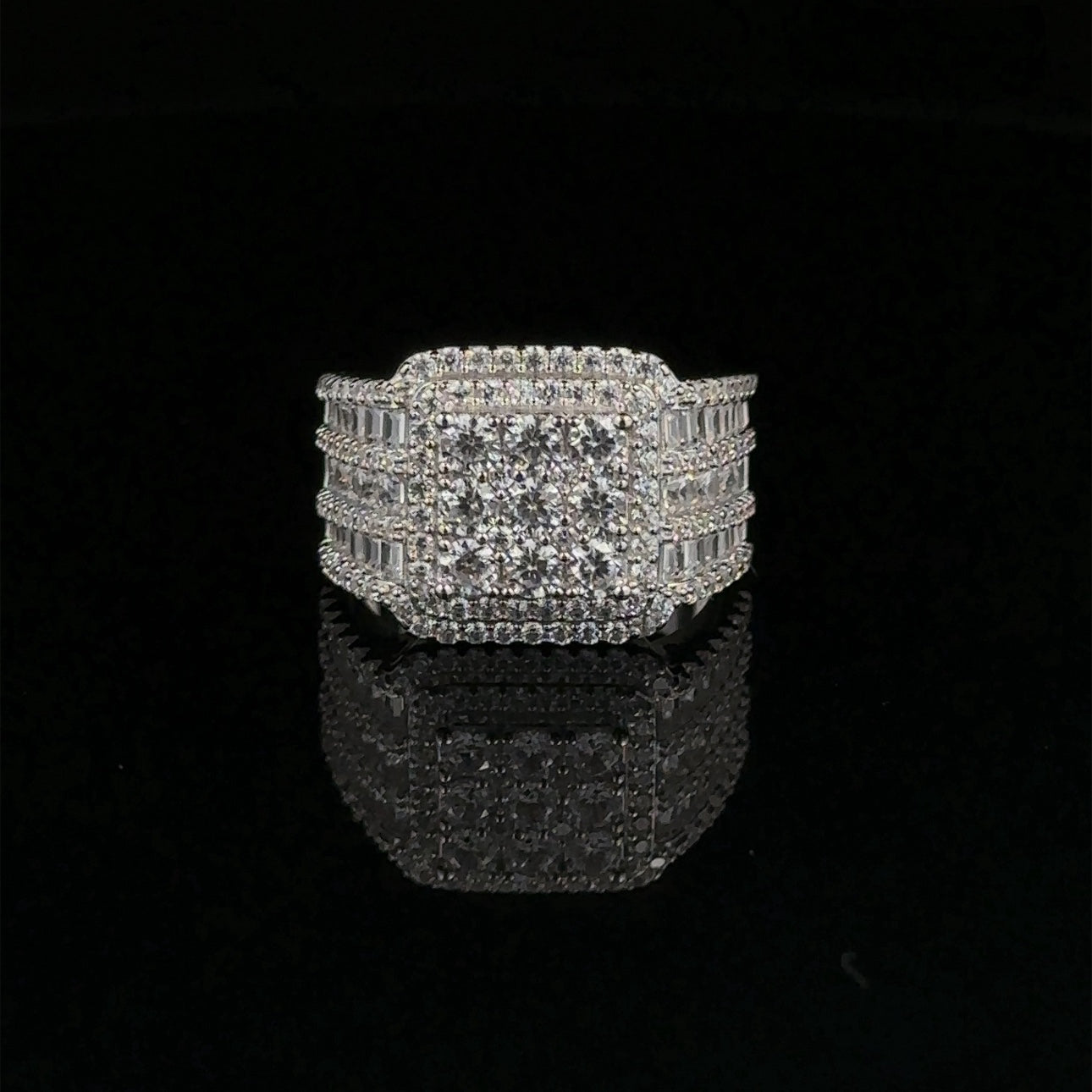 GLEAM 925 CZ Men's Iced Out Ring featuring cubic zirconia stones set in sterling silver, showcasing elegance and sophistication.