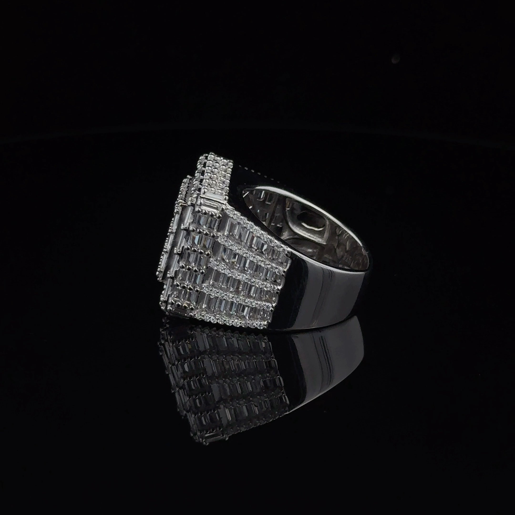 GLIMMER 925 CZ Rhodium Men's Iced Out Ring featuring cubic zirconia stones on a polished silver band.