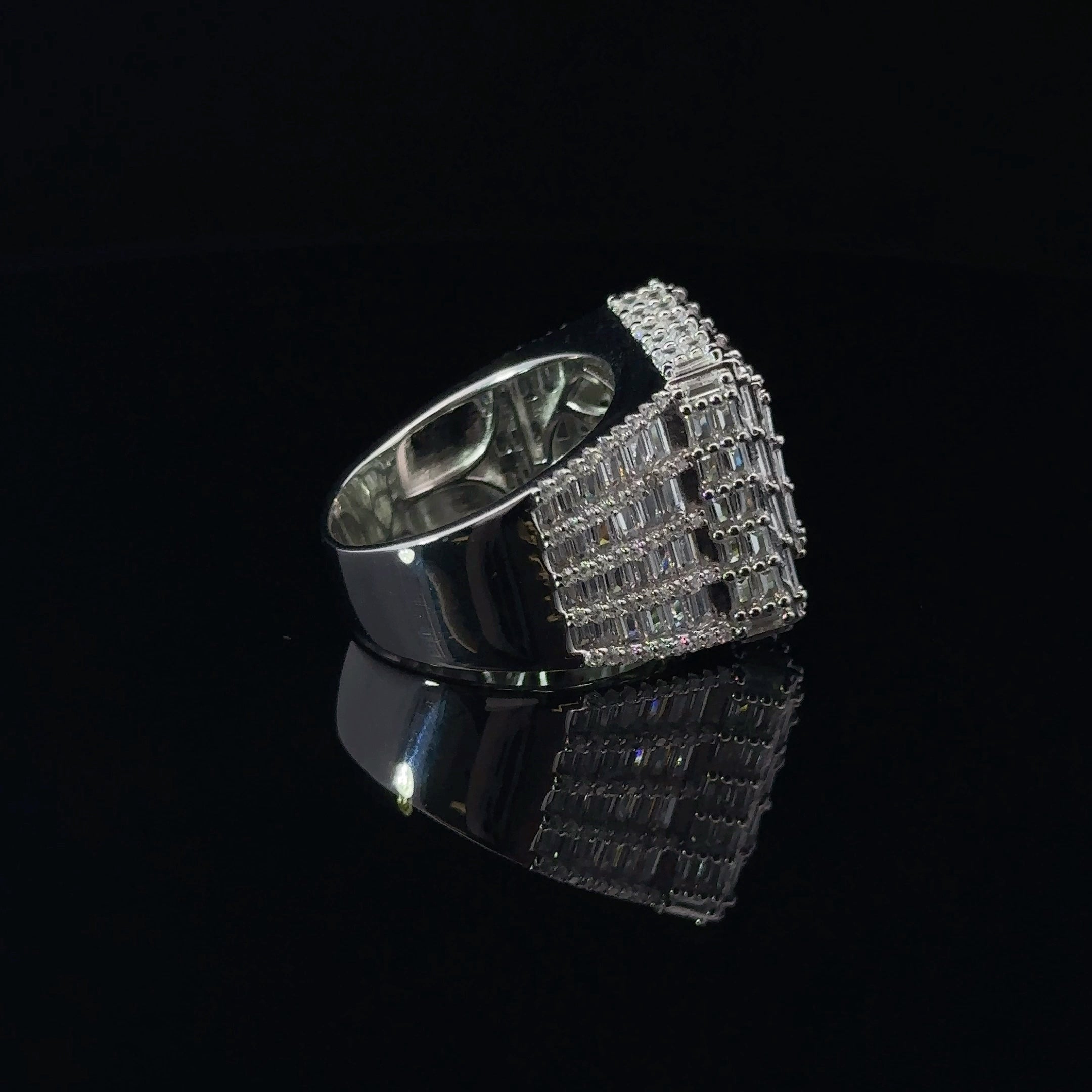 GLIMMER 925 CZ Rhodium Men's Iced Out Ring featuring cubic zirconia stones on a polished silver band.