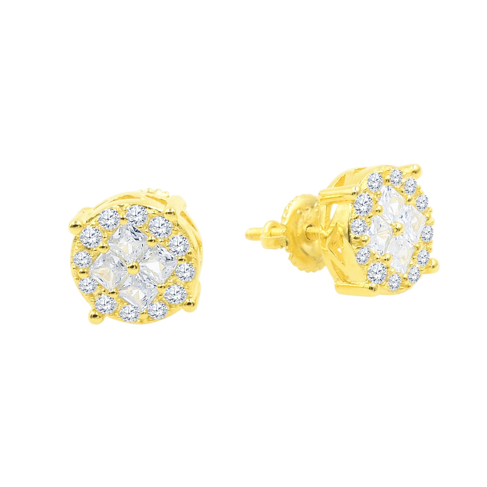 A pair of Glisten Screw Back Earrings featuring diamond-shaped cubic zircon stones set in brass copper metal, showcasing their brilliance and elegance.