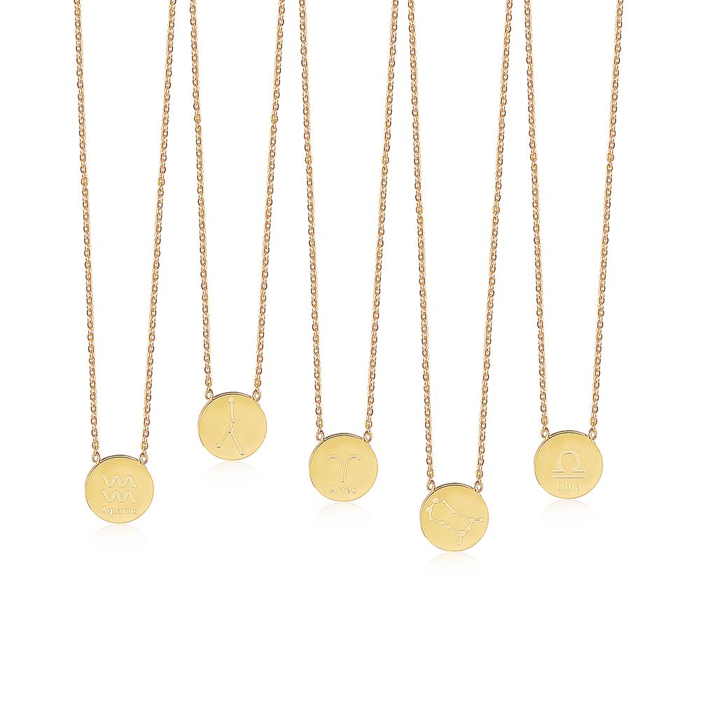 Glossy Gold Round Zodiac Necklace featuring a round zodiac pendant made of stainless steel with 14K gold plating.