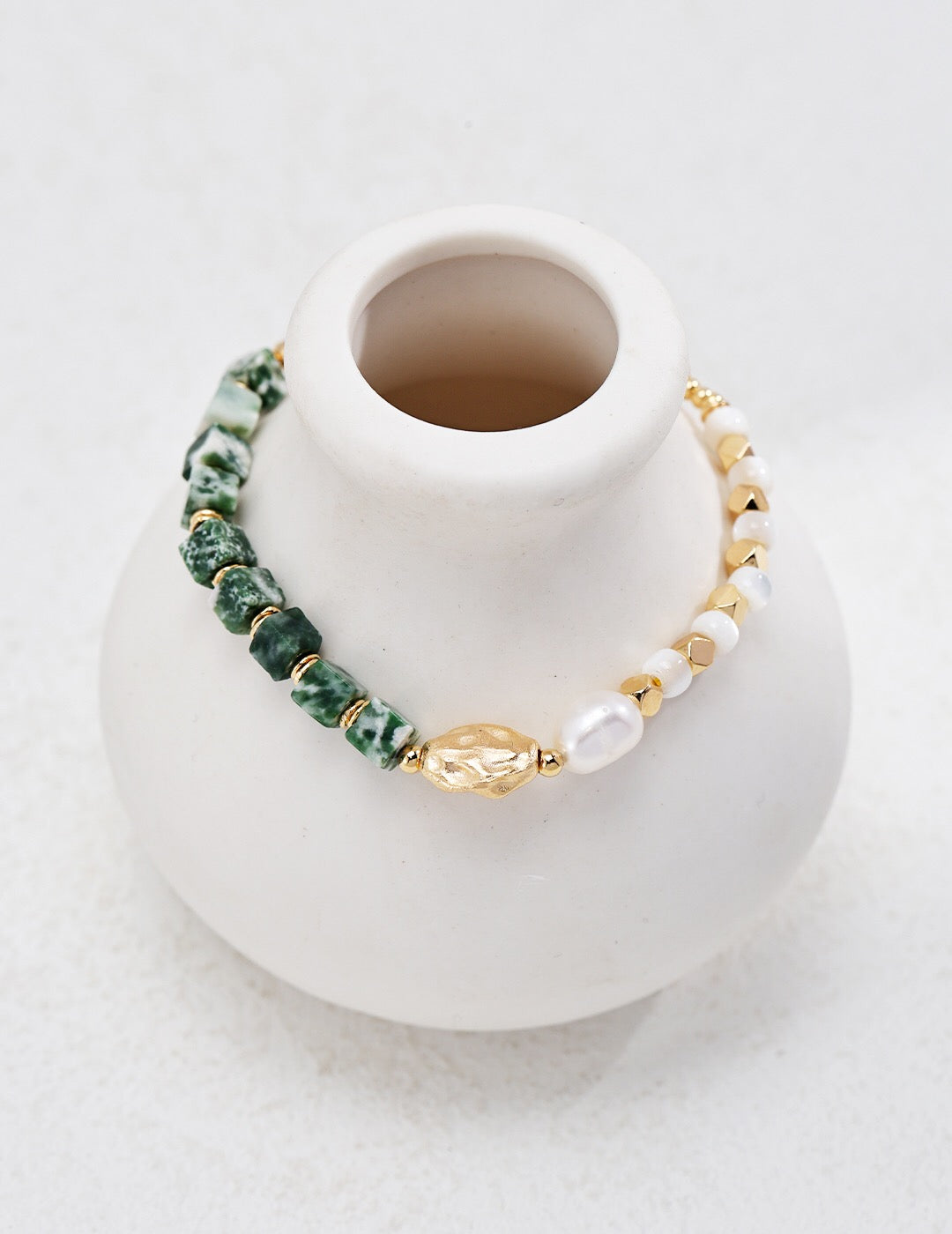 Good Fortune Qinghai Cui Jade Pearl Bracelet featuring genuine freshwater pearls, Qinghai Cui Jade, and gold vermeil accents.