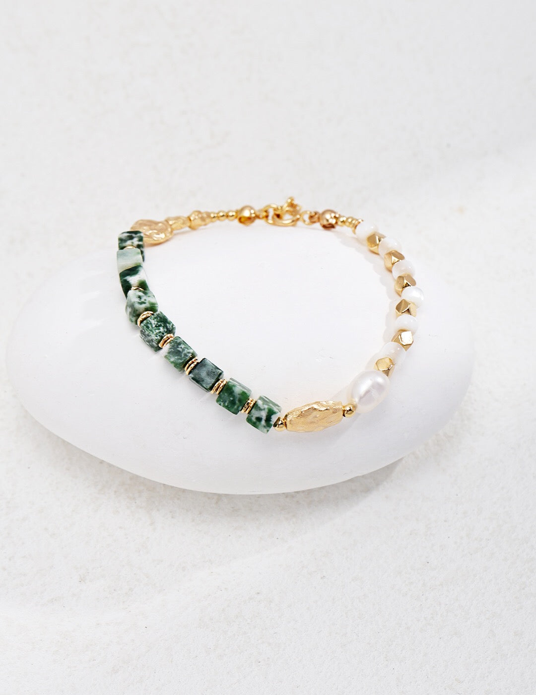 Good Fortune Qinghai Cui Jade Pearl Bracelet featuring genuine freshwater pearls, Qinghai Cui Jade, and gold vermeil accents.