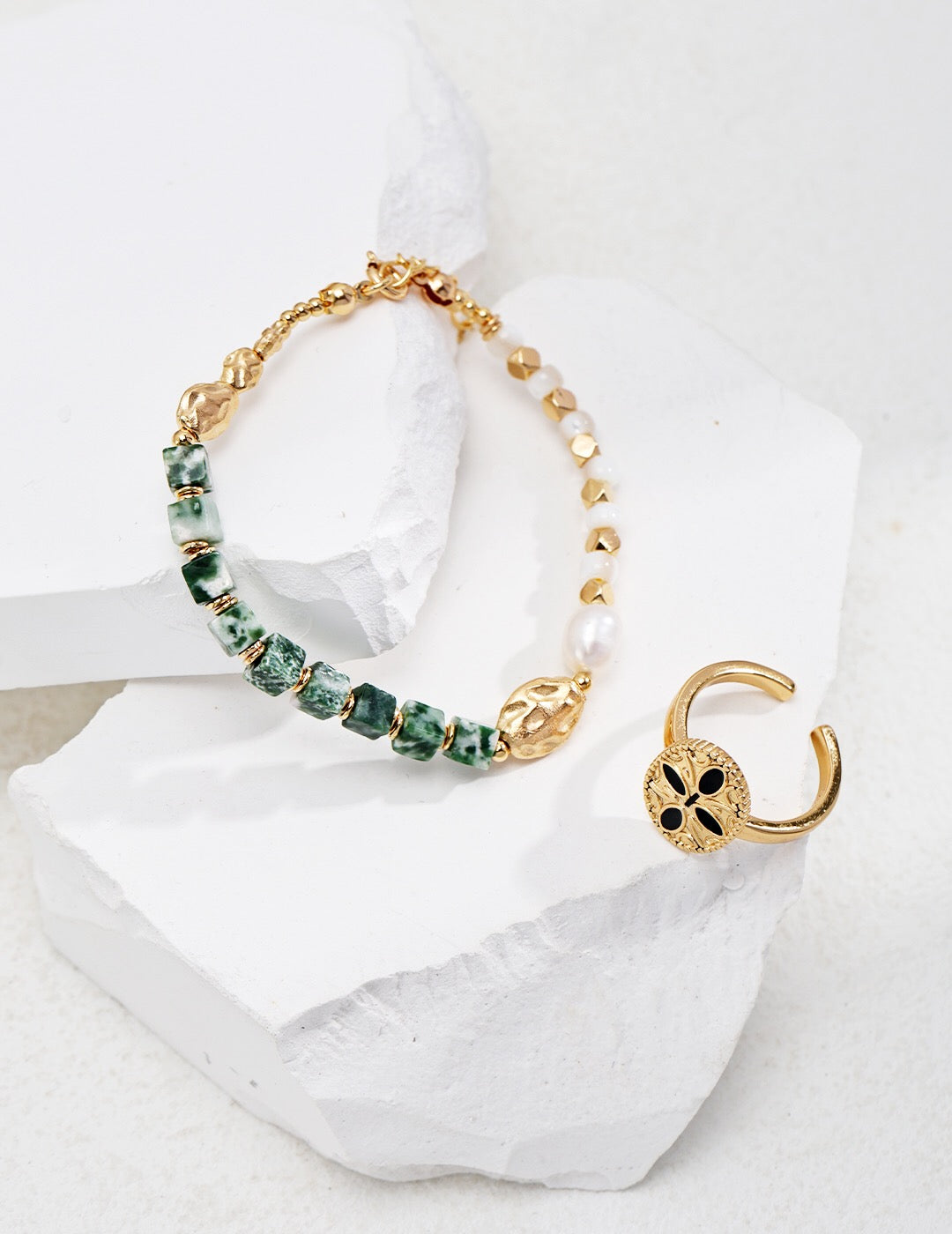 Good Fortune Qinghai Cui Jade Pearl Bracelet featuring genuine freshwater pearls, Qinghai Cui Jade, and gold vermeil accents.