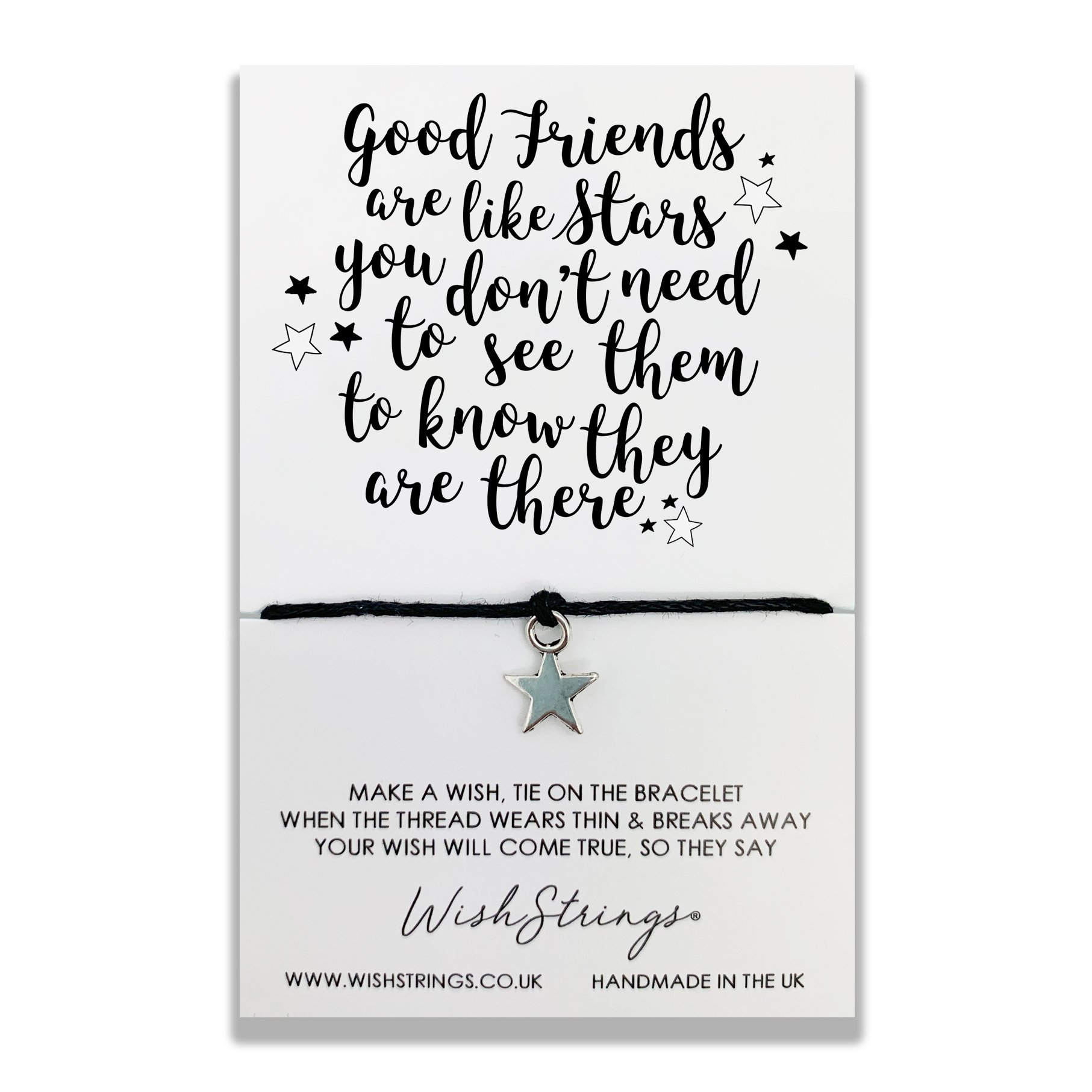 GOOD FRIENDS STARS Wish Bracelet featuring a Tibetan Silver charm on a waxed cotton cord, beautifully presented on an inspirational display card.