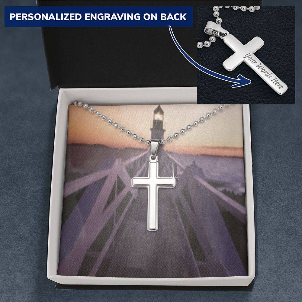 A beautifully crafted Personalized Cross Necklace made of polished stainless steel, featuring a customizable pendant and a sturdy 24-inch ball chain.