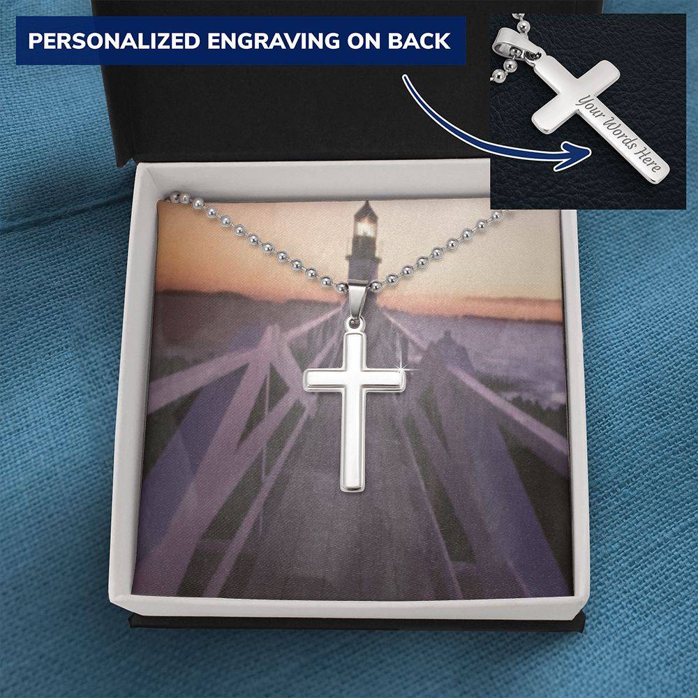 A beautifully crafted Personalized Cross Necklace made of polished stainless steel, featuring a customizable pendant and a sturdy 24-inch ball chain.