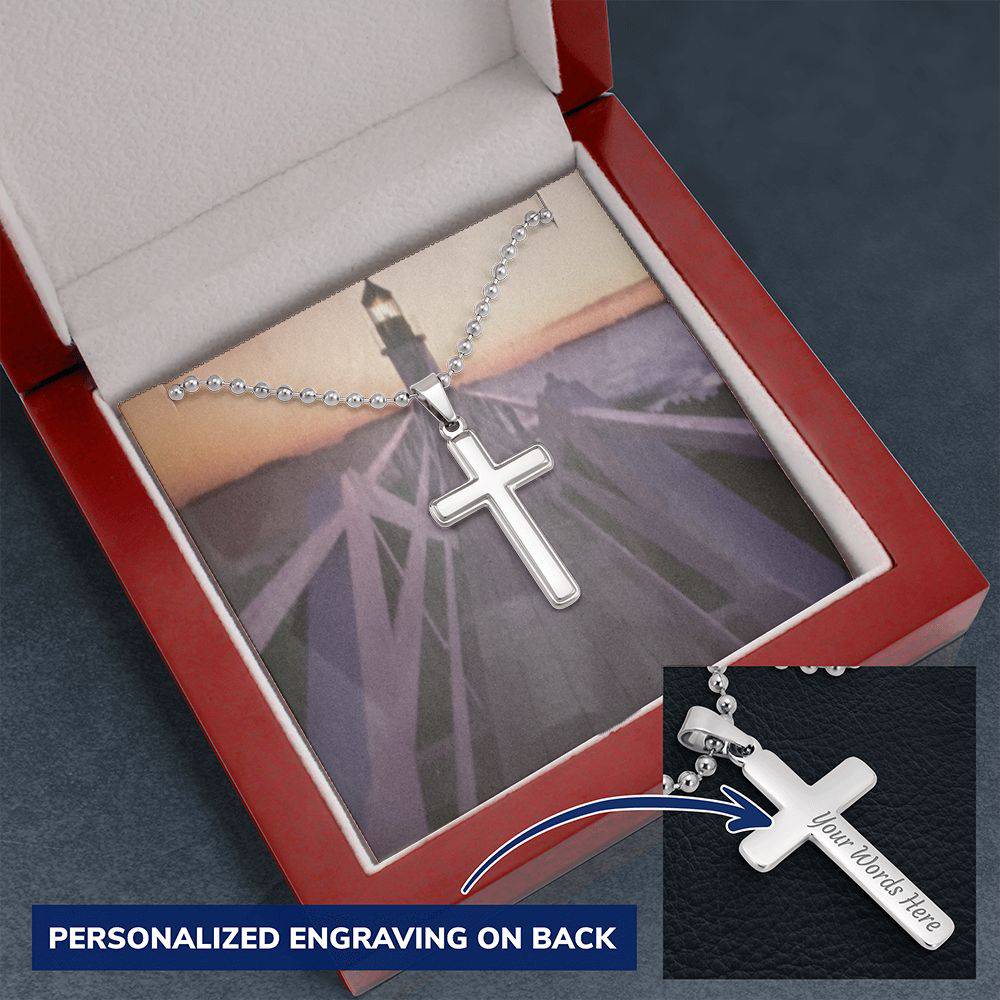 A beautifully crafted Personalized Cross Necklace made of polished stainless steel, featuring a customizable pendant and a sturdy 24-inch ball chain.