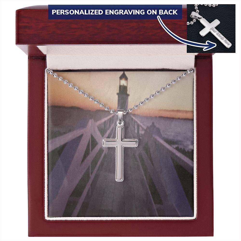 A beautifully crafted Personalized Cross Necklace made of polished stainless steel, featuring a customizable pendant and a sturdy 24-inch ball chain.