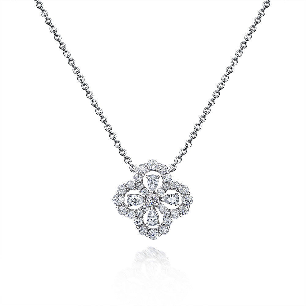 Good Luck Four Leaf Clover Necklace made of 925 sterling silver with white cubic zirconia, symbolizing hope, faith, love, and luck.