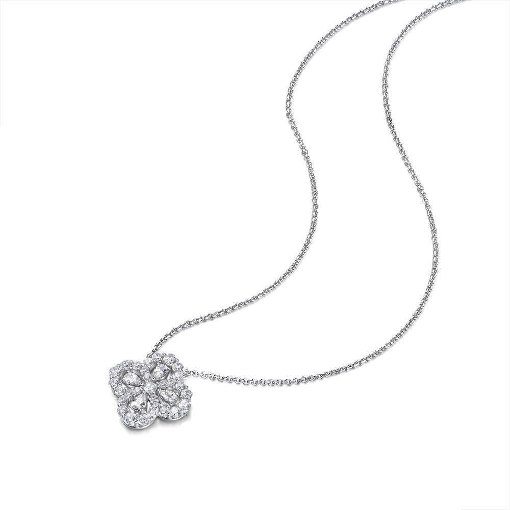 Good Luck Four Leaf Clover Necklace made of 925 sterling silver with white cubic zirconia, symbolizing hope, faith, love, and luck.