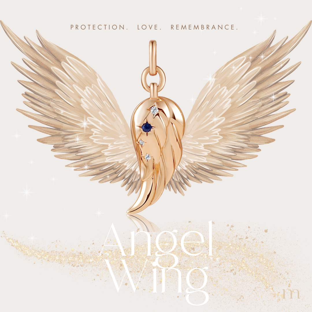 Gold Angel Wing Necklace featuring intricate wing design, symbolizing protection and remembrance, with an adjustable chain.