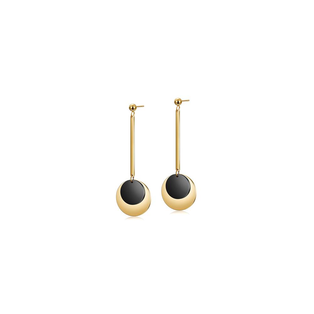 Elegant Gold & Black Discs Dangle Earrings made from surgical stainless steel with gold plating.