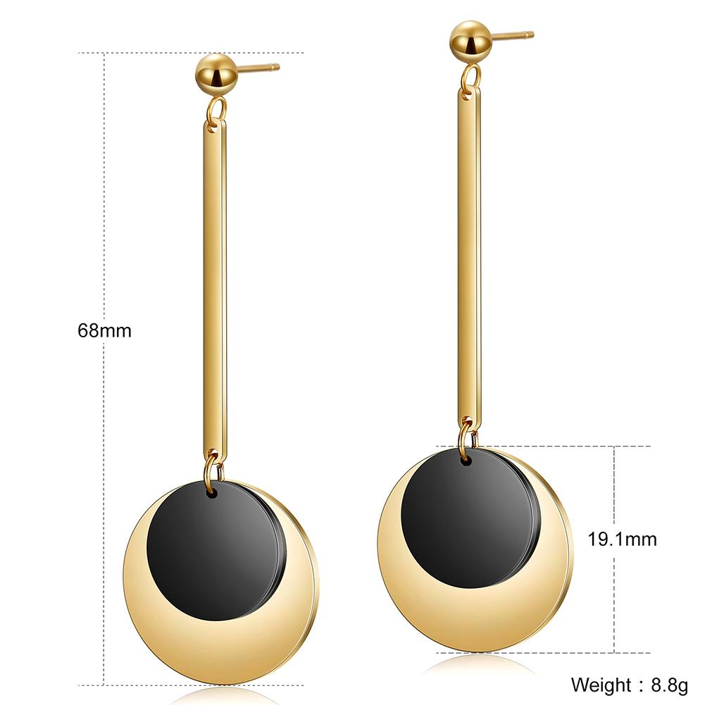 Elegant Gold & Black Discs Dangle Earrings made from surgical stainless steel with gold plating.