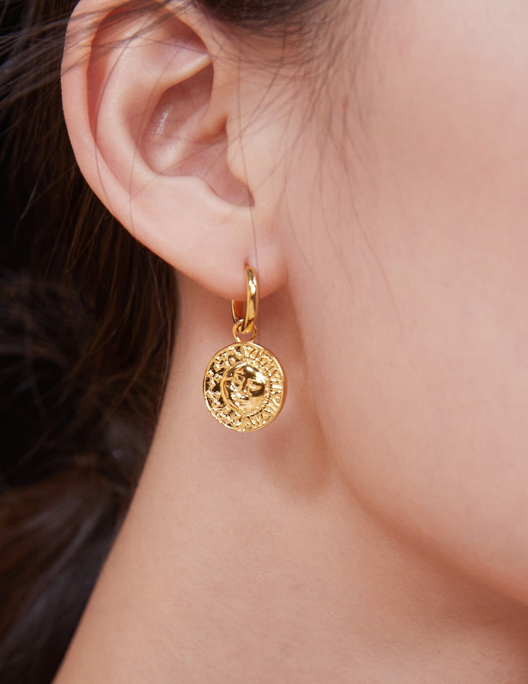 Elegant Gold Coin Earrings made of sterling silver and 18ct gold vermeil, showcasing a luxurious design.