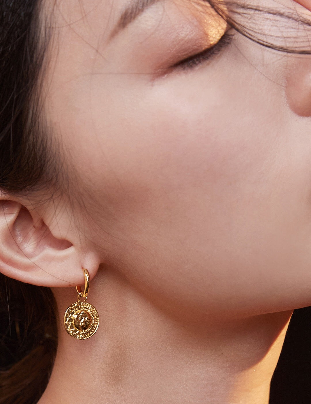 Elegant Gold Coin Earrings made of sterling silver and 18ct gold vermeil, showcasing a luxurious design.