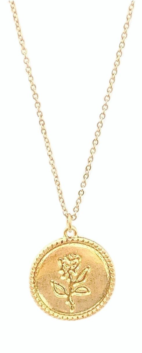 Gold Coin Pendant Necklace featuring a rose flower design on a dainty link chain, elegantly displayed in a gift box.